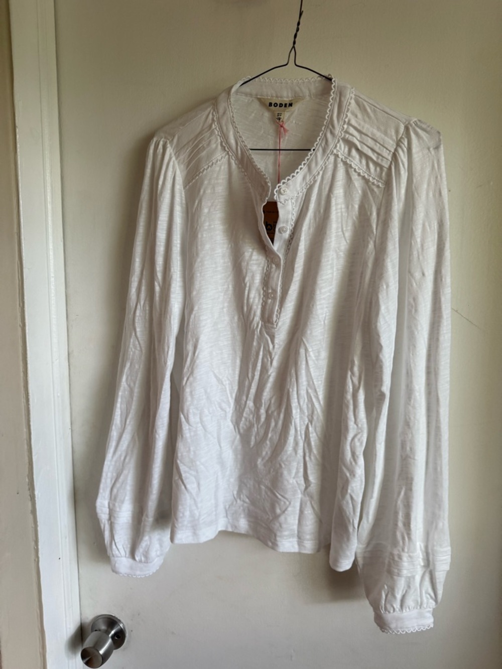 Boden White Long-Sleeve Pintuck Henley Blouse